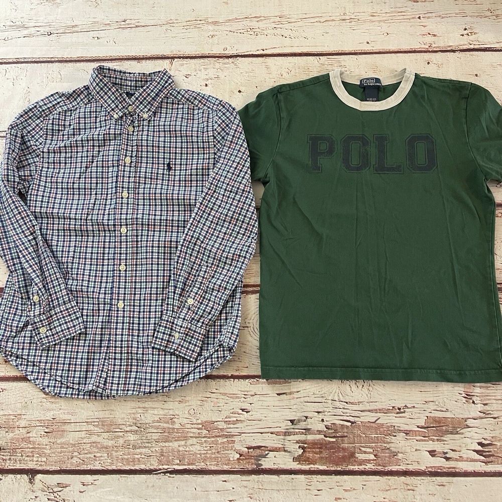 Ralph Lauren Boys Medium 10-12 Shirt Plaid Button Up‎ Long Sleeve & T Shirt